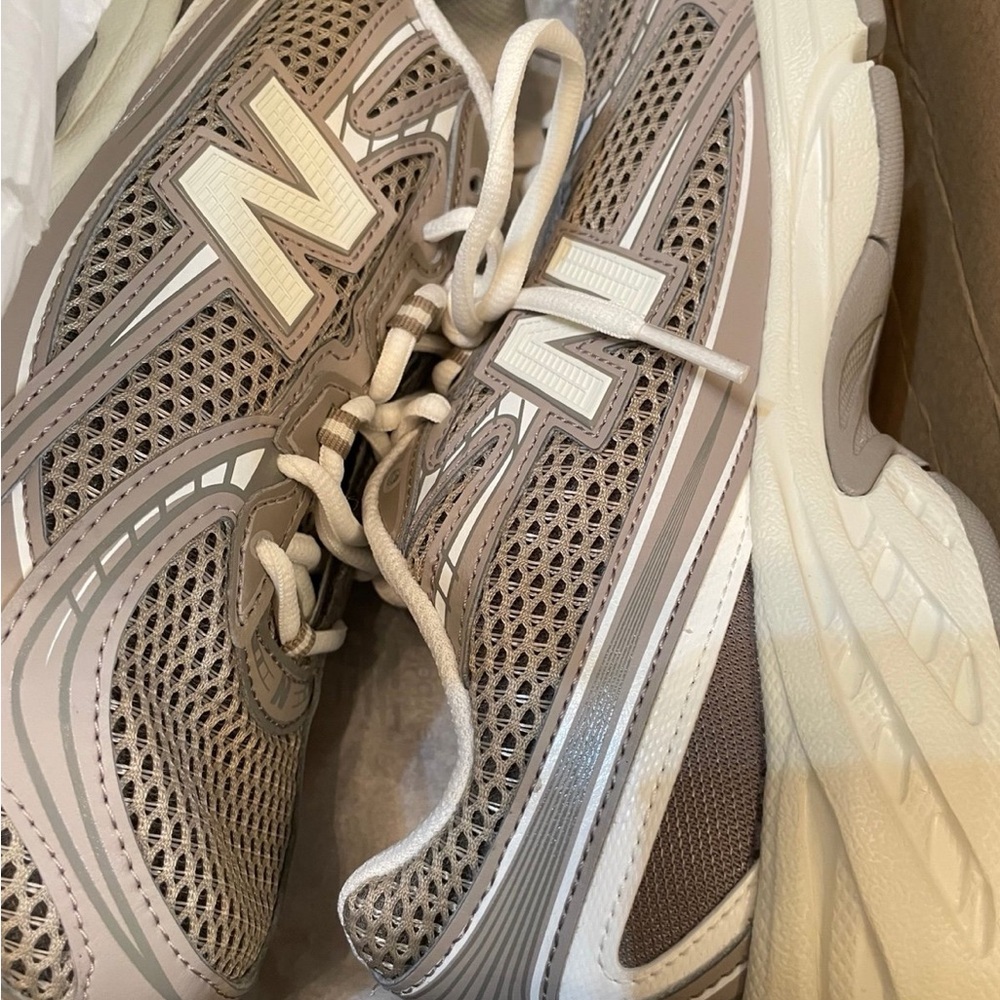New Balance Beige and White Athletic Sneakers